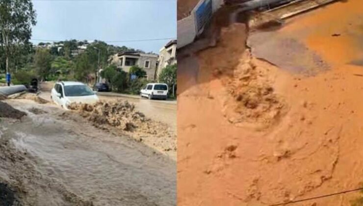 Bodrum’da ana isale hattı yine patladı: Yol çöktü, cadde göle döndü