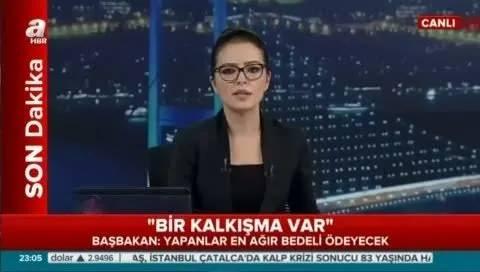 <p>23.02</p><p>Başbakan Binali Yıldırım TV'ye telefonla bağlanarak "asker içindeki bazı kişilerin kanunsuz bir eyleminin söz konusu olduğunu" belirtti ve "Bu kalkışmayı yapanlar en ağır şekilde bedelini ödeyecekler." dedi.</p>