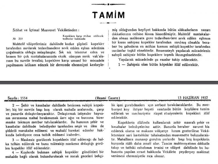 <p>-Köylerde bulunan sahipli köpekler gündüzleri bir mahalde bağlı olarak bulundurulacak ve ancak geceleri bekçilik işini görebilmeleri için serbest bırakılacaklardır. Bu mecburiyet köy ihtiyar heyeti vasıtası ile bütün köylülere tamim edilecek ve mecburiyete riayet etmeyenlerin köpekleri itlaf edilecektir.</p>