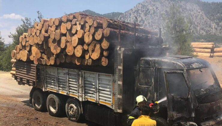 Orman deposundaki tomruk yüklü kamyonda çıkan yangın söndürüldü